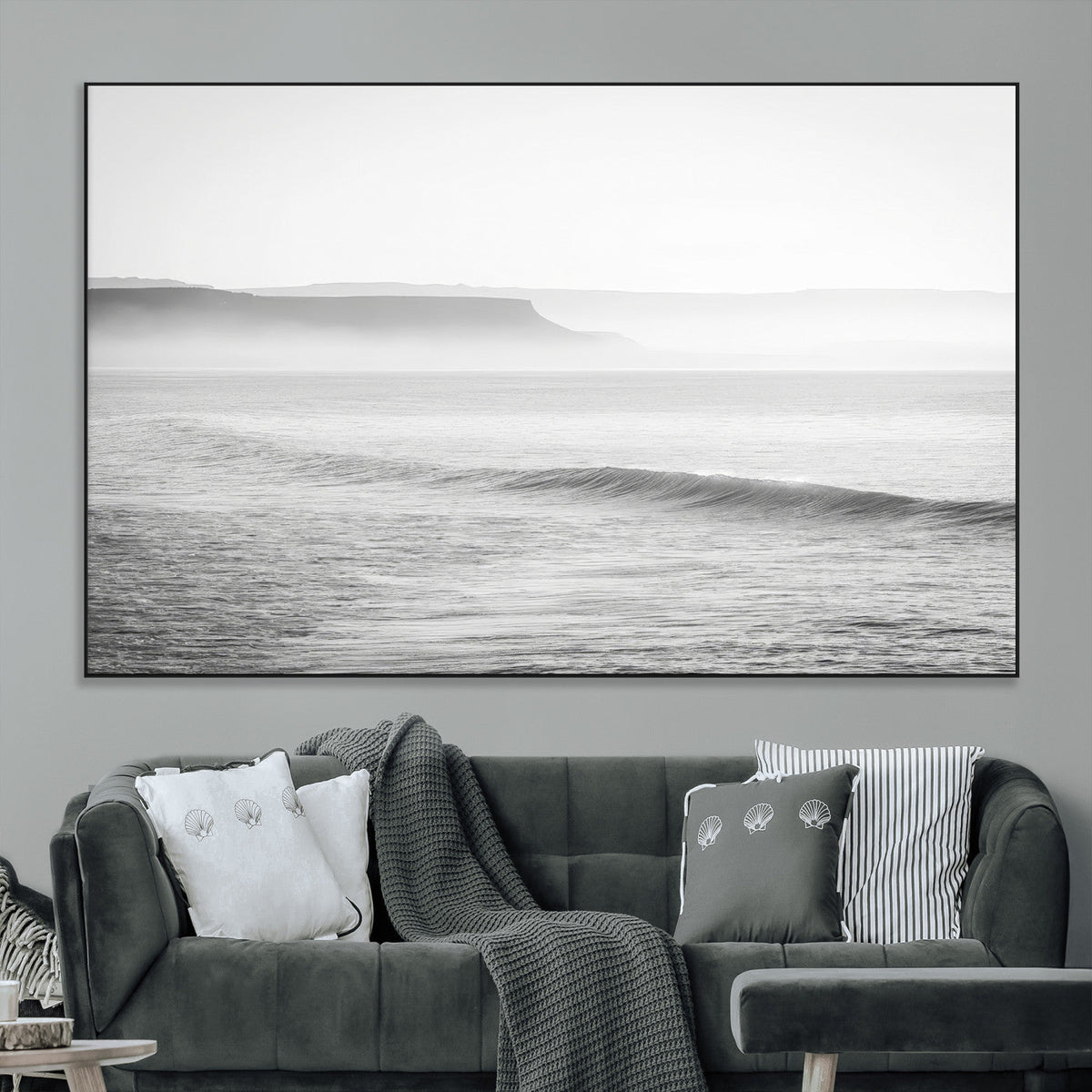 Black and White Seascape Wall Art Canvas Print, Framed Misty Ocean Waves