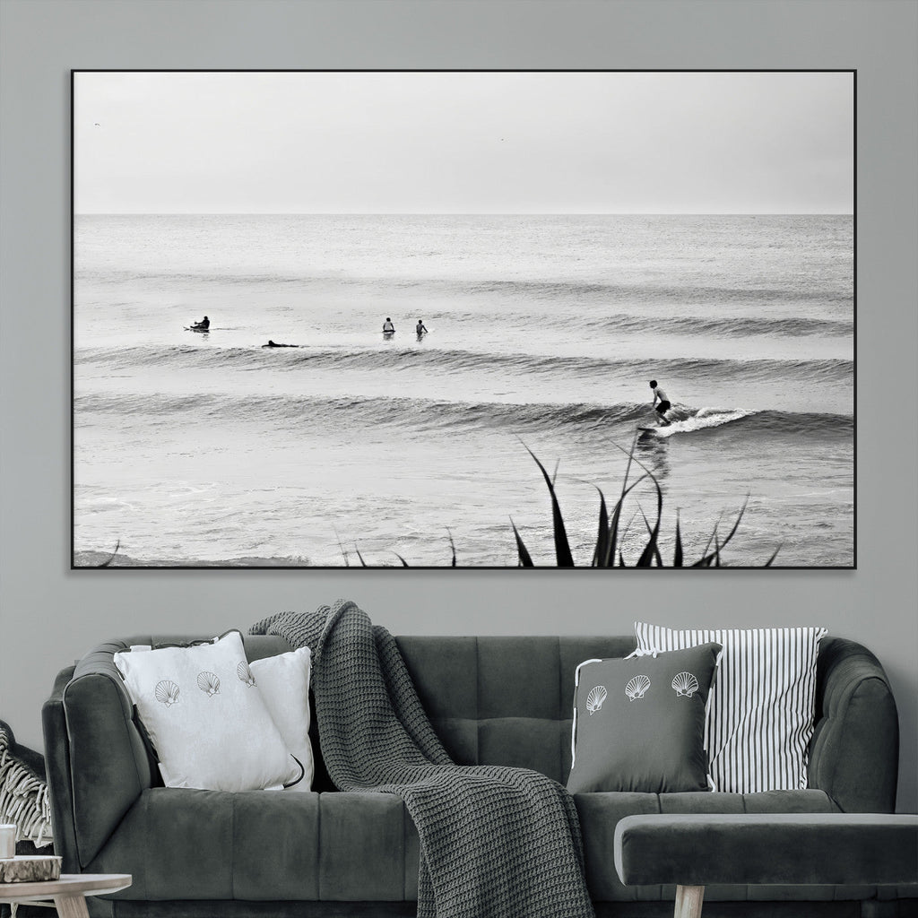 Surfer Silhouette Wall Art Canvas Print, Framed Calm Ocean Monochrome Surf