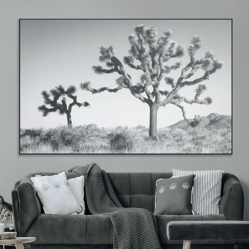 Joshua Tree Wall Art Canvas Print, Framed Black and White Desert Landscape Artwork