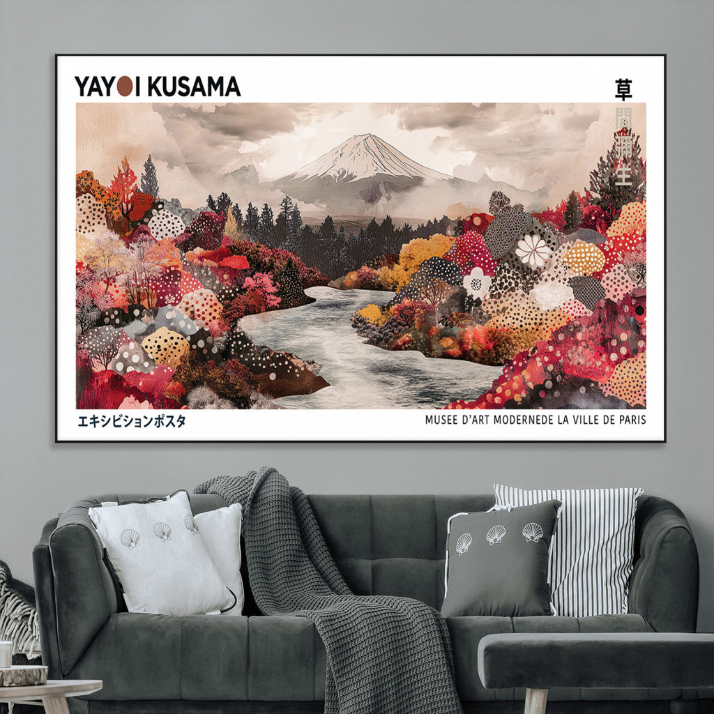 Modern Japanese Wall Art Canvas Print, Framed Abstract Mount Fuji Art, Yayoi Kusama Japanese Landscape