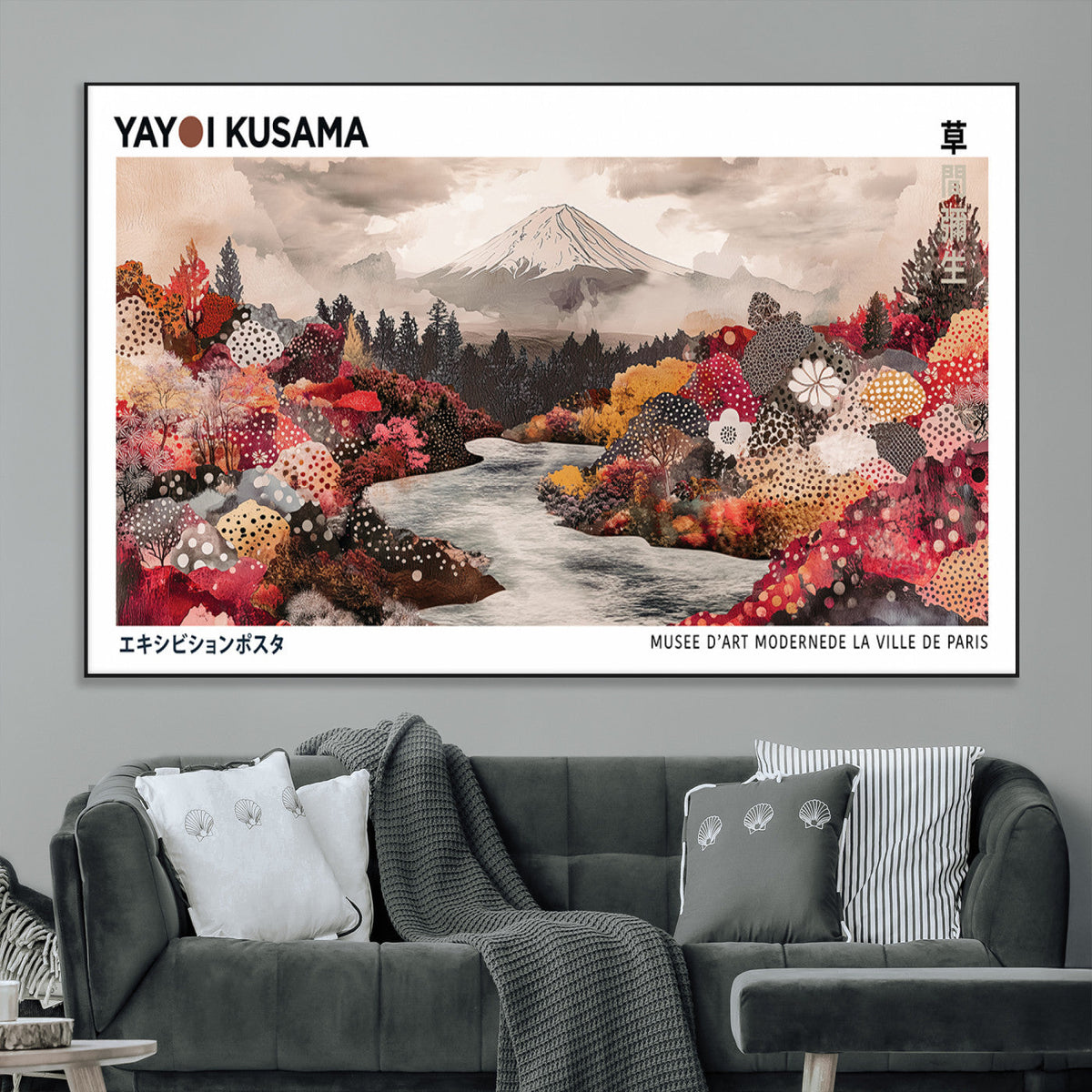 Modern Japanese Wall Art Canvas Print, Framed Abstract Mount Fuji Art, Yayoi Kusama Japanese Landscape