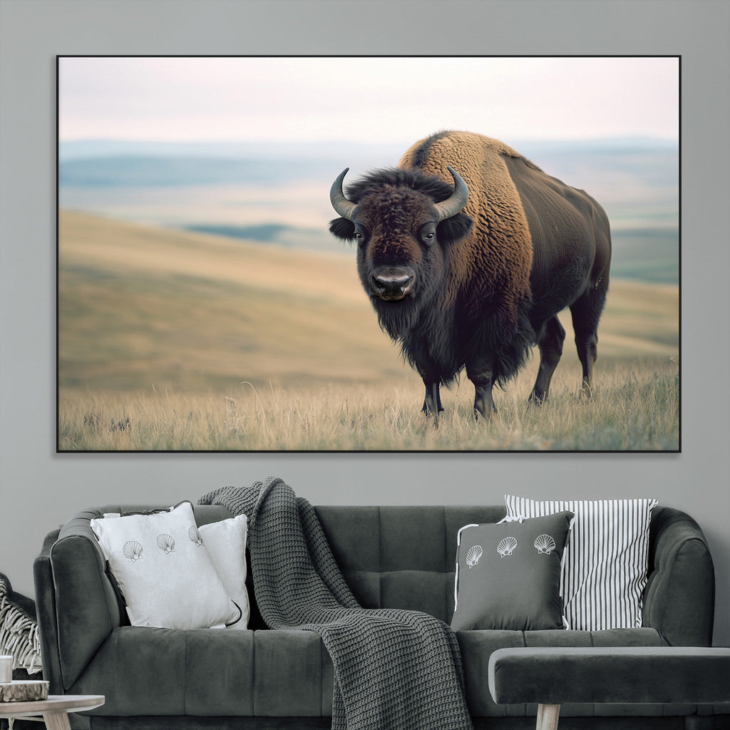 Bison Wall Art Canvas Print, Framed American Buffalo Rustic Western Artwork