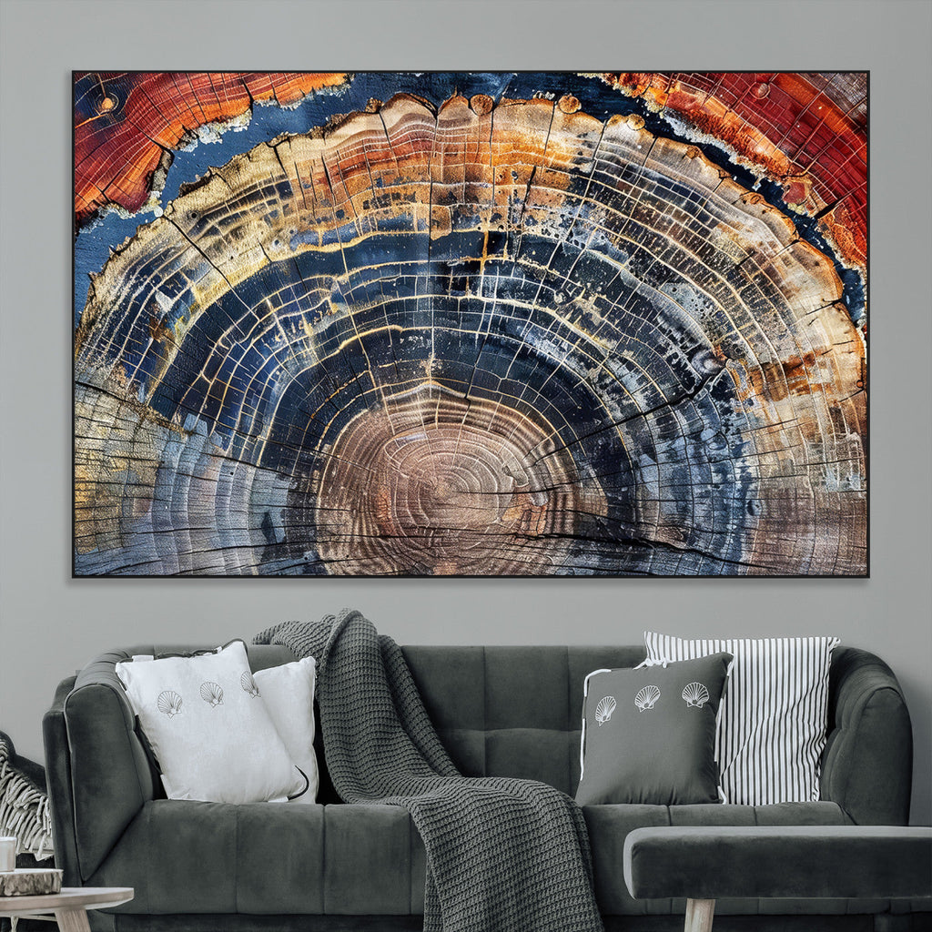 Tree Rings Wall Art Canvas Print, Framed Petrified Wood Modern Rustic