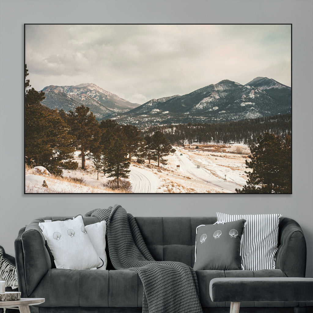 Mountain Landscape Wall Art Canvas Print, Framed Snowy Peaks Alpine Winter
