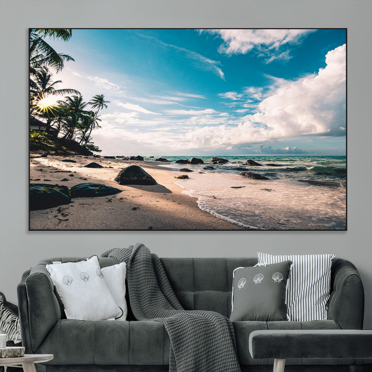 Tropical Beach Wall Art Canvas Print, Framed Ocean Waves Relaxing Seascape