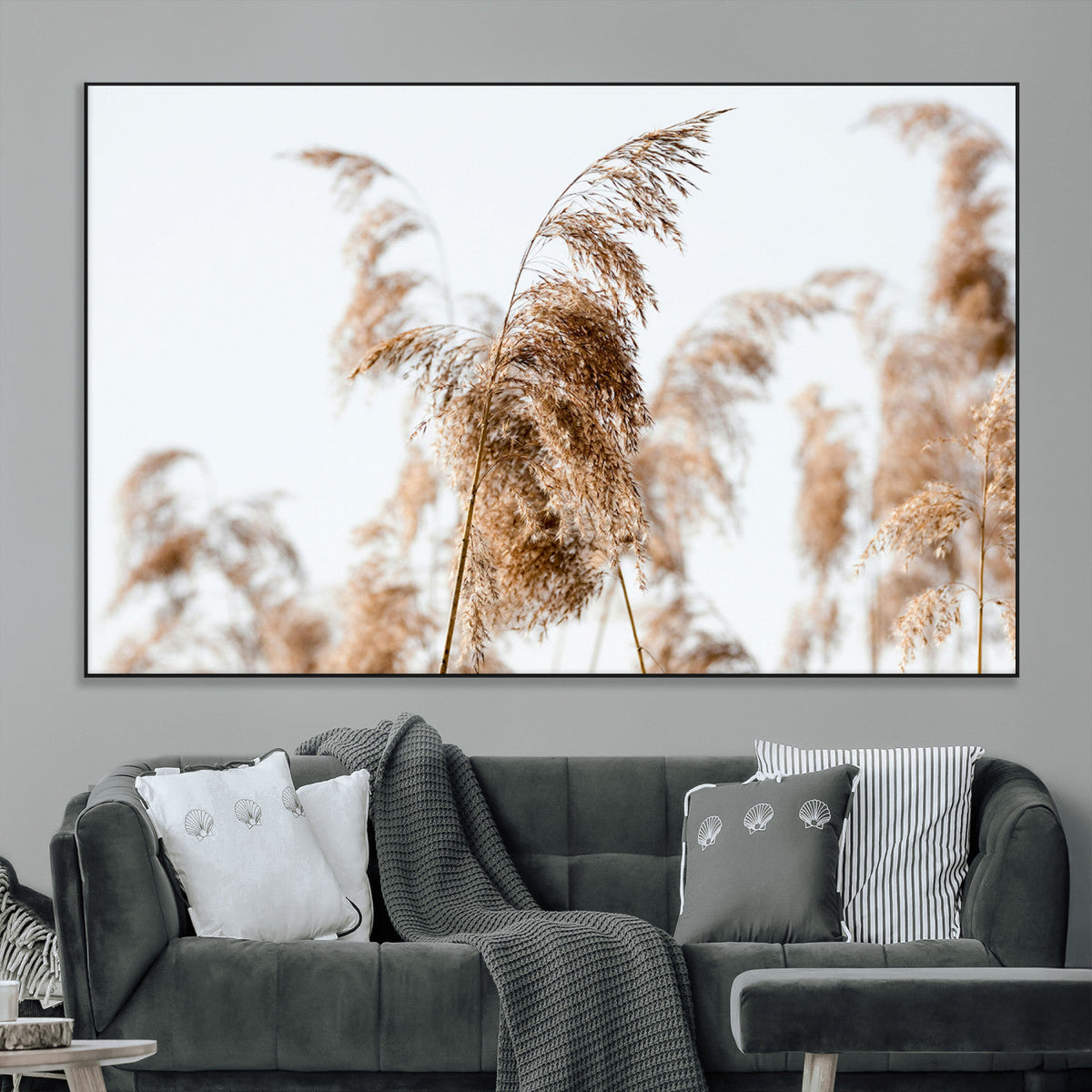 Pampas Grass Wall Art Canvas Print, Framed Neutral Tones Minimalist Boho
