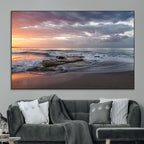 Golden Hour Wall Art Canvas Print, Framed Tranquil Waves Beach Sunset