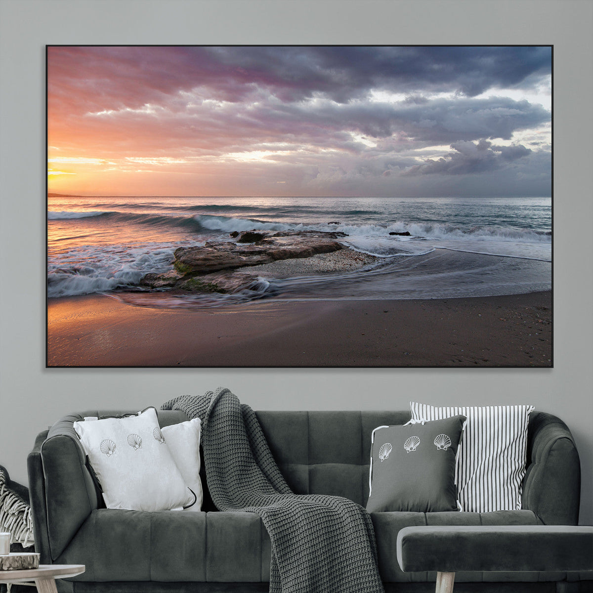Golden Hour Wall Art Canvas Print, Framed Tranquil Waves Beach Sunset
