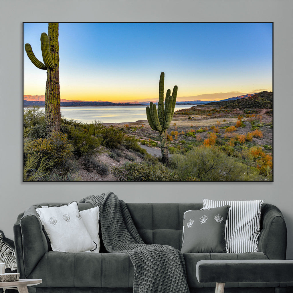 Saguaro Cactus Wall Art Canvas Print, Framed Desert Sunset Southwestern