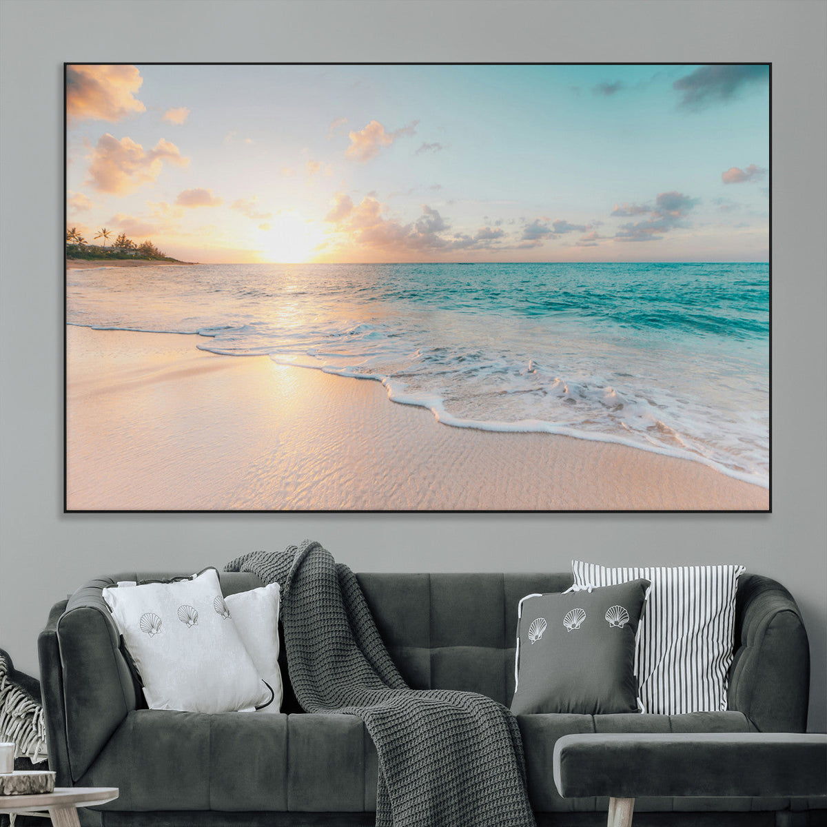 Beach Sunset Wall Art Canvas Print, Framed Ocean Waves Summer Escape