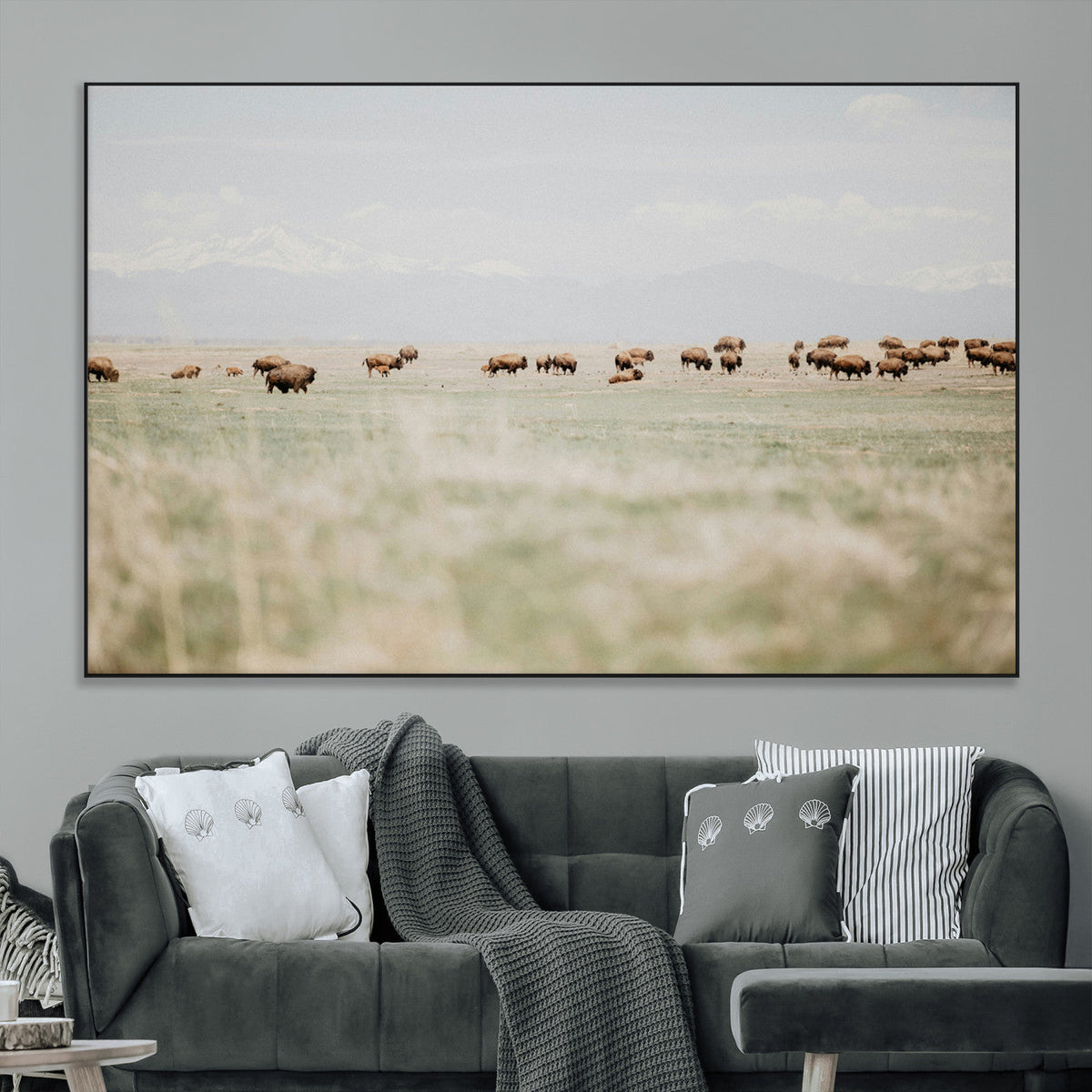 Bison Herd Wall Art Canvas Print, Framed Western Ranch Nature Scene