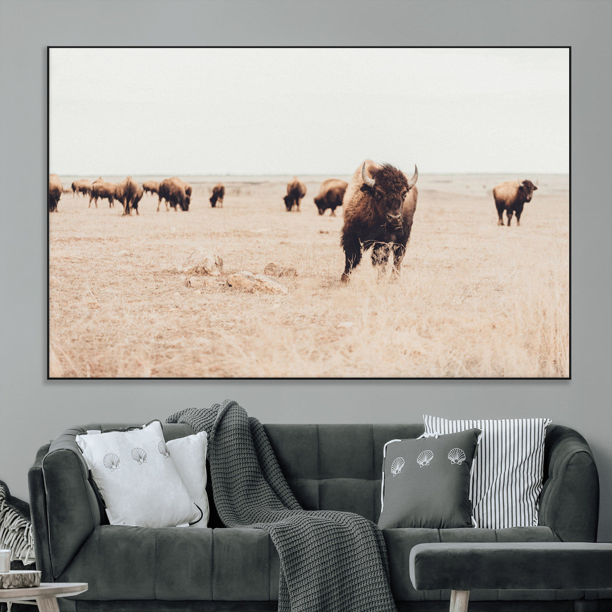 Bison Herd Wall Art Canvas Print, Framed Western Prairie Serenity