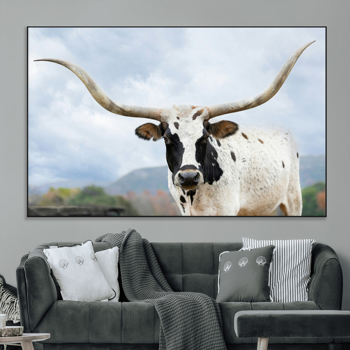 Texas Longhorn Wall Art Canvas Print, Framed Western Rustic Farmhouse