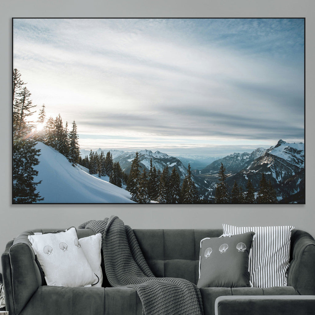 Snowy Mountains Wall Art Canvas Print, Framed Alpine Landscape Frosty Peaks Artwork