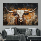 Abstract Longhorn Bull Wall Art Canvas Print, Vintage Western Texas Steer Artwork