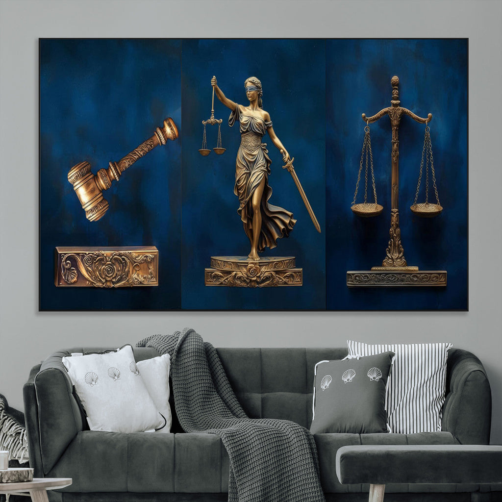 Lady Justice Wall Art Canvas Print, Elegant Gold Legal Symbols on Blue, Law Office Decor