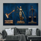 Lady Justice Wall Art Canvas Print, Elegant Gold Legal Symbols on Blue, Law Office Decor