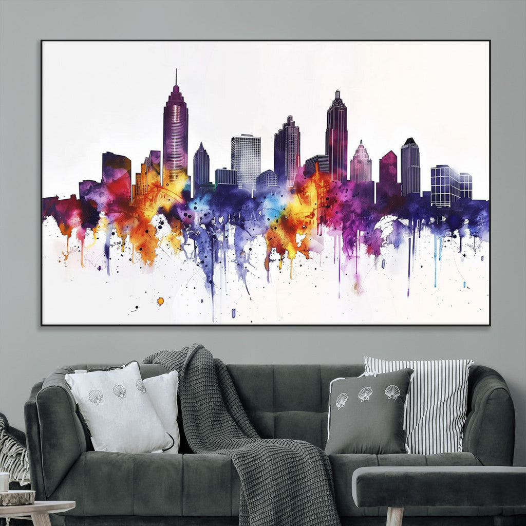 Atlanta Skyline Wall Art Canvas Print, Framed Colorful Watercolor Cityscape