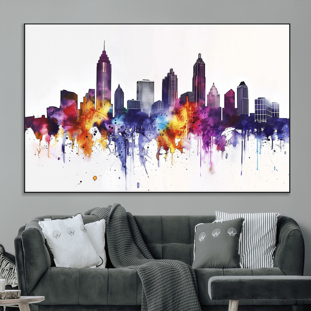 Atlanta Skyline Wall Art Canvas Print, Framed Colorful Watercolor Cityscape