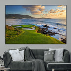 Coastal Golf Course Wall Art Canvas Print, Sunset with Rolling Green Fairways and Ocean Waves