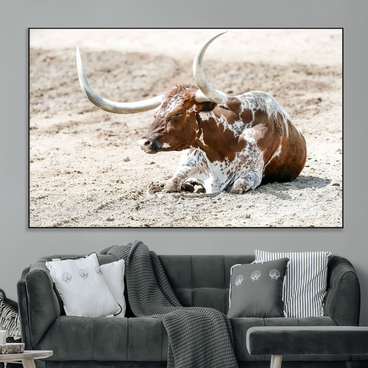 Majestic Longhorn Wall Art Canvas Print, Resting on Sunlit Desert Ground