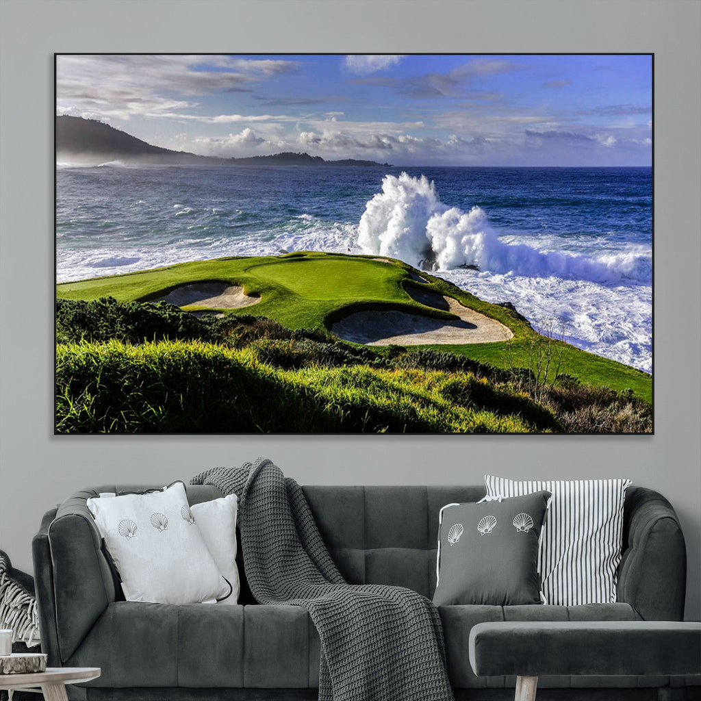 Ocean Waves Crashing Wall Art Canvas Print, Dramatic Rocky Coastline Near a Golf Course