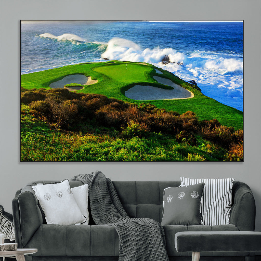Coastal Golf Course Wall Art Canvas Print, Vibrant Green with Sand Bunkers and Ocean Waves