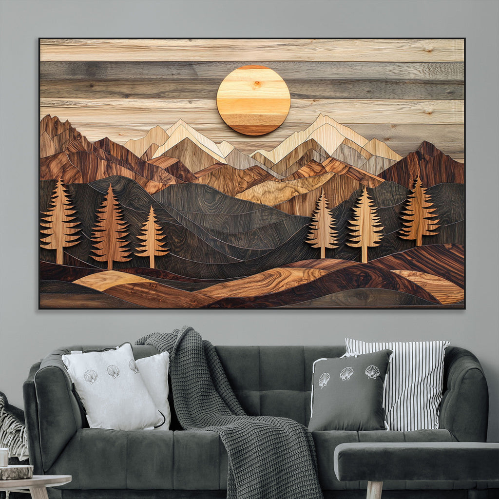 Wooden Mountain Layers Art | Rustic Pine Tree Landscape