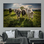 Grazing Cattle Herd Wall Art Canvas Print, Framed Green Pasture Farm Scene
