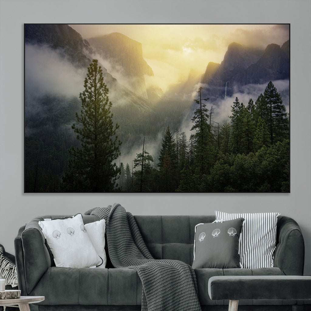 Misty Forest Sunrise Wall Art Canvas Print, Framed Mountain Valley Pine Trees