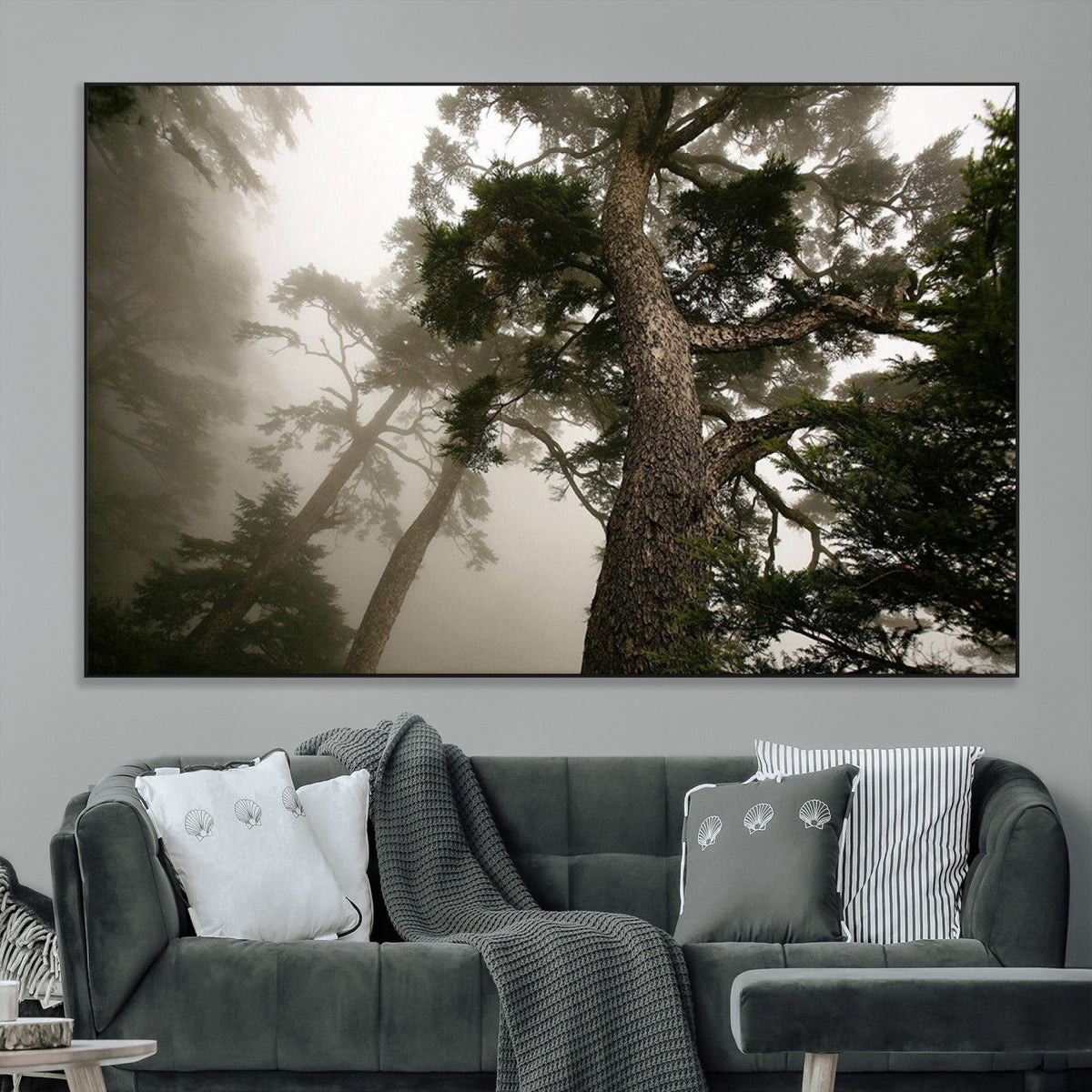 Misty Forest Wall Art Canvas Print, Framed Tall Trees in Foggy Atmosphere