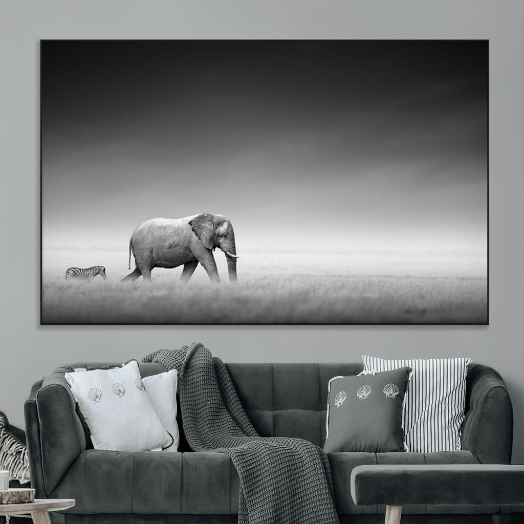 Elephant and Zebra Wall Art Canvas Print, Modern Artwork