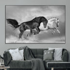 Wild Horses Wall Art Canvas Print, Framed Black and White Galloping Horses