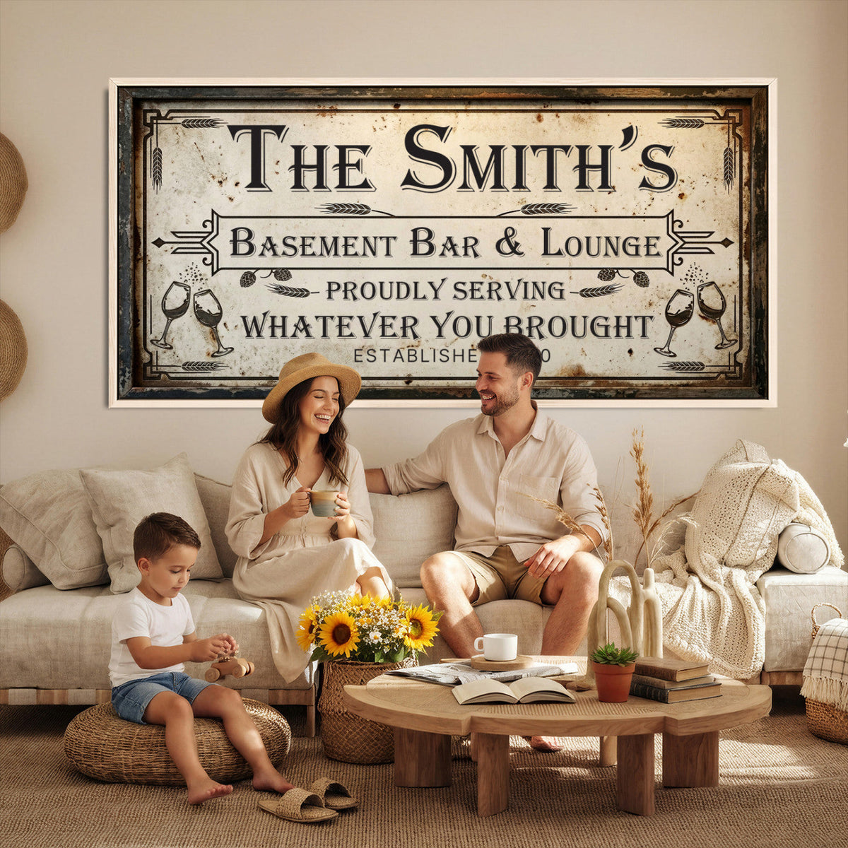Custom Family Patio Sign Wall Art Canvas Print, Personalized Rustic Bar Sign