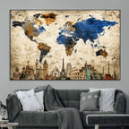 World Map Canvas Print | Vintage Blue and Gold World Map Wall Art