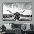 Longhorn Black and White Wall Art | Rustic Western Bull Canvas Print