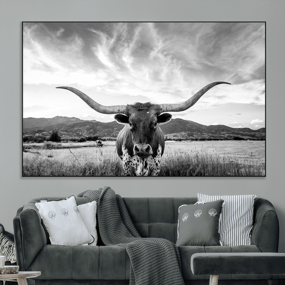 Longhorn Black and White Wall Art | Rustic Western Bull Canvas Print