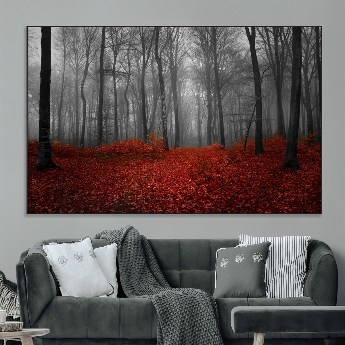 Red Forest Floor Canvas Wall Art | Mystical Foggy Woodland Triptych