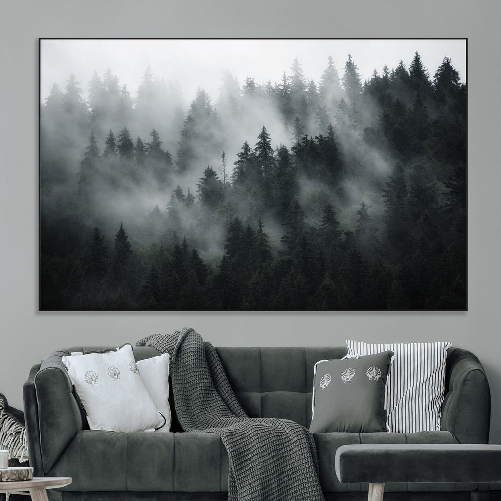 Foggy Forest Wall Art Canvas Print | 3 Panel Large Misty Landscape
