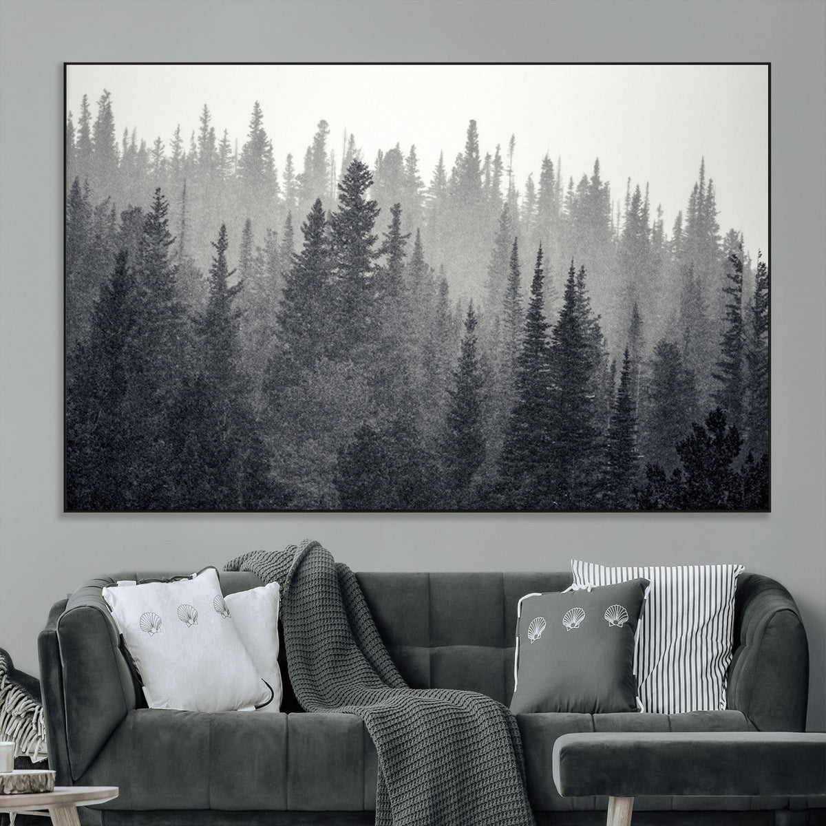 Misty Forest Canvas Wall Art | Monochrome Triptych Pine Tree Print