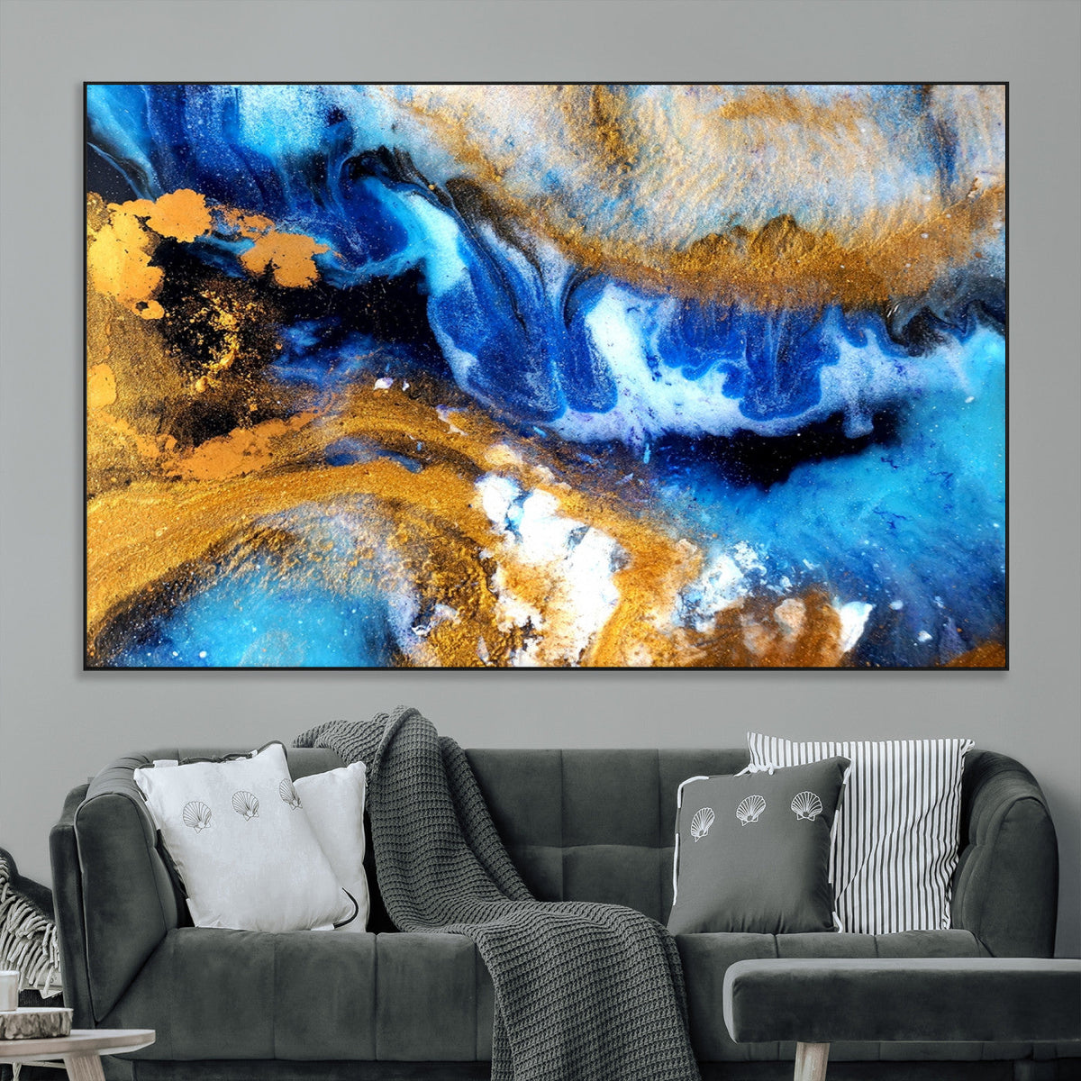 Blue Orange Marble Fluid Effect Canvas Wall Art Print