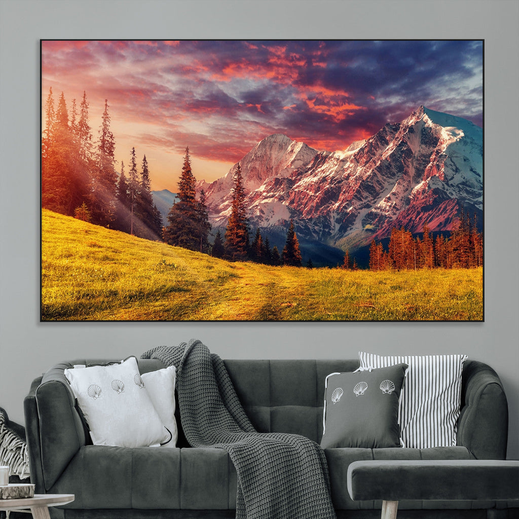 Mountain and Daylight Red Sunset Wall Art Canvas Print