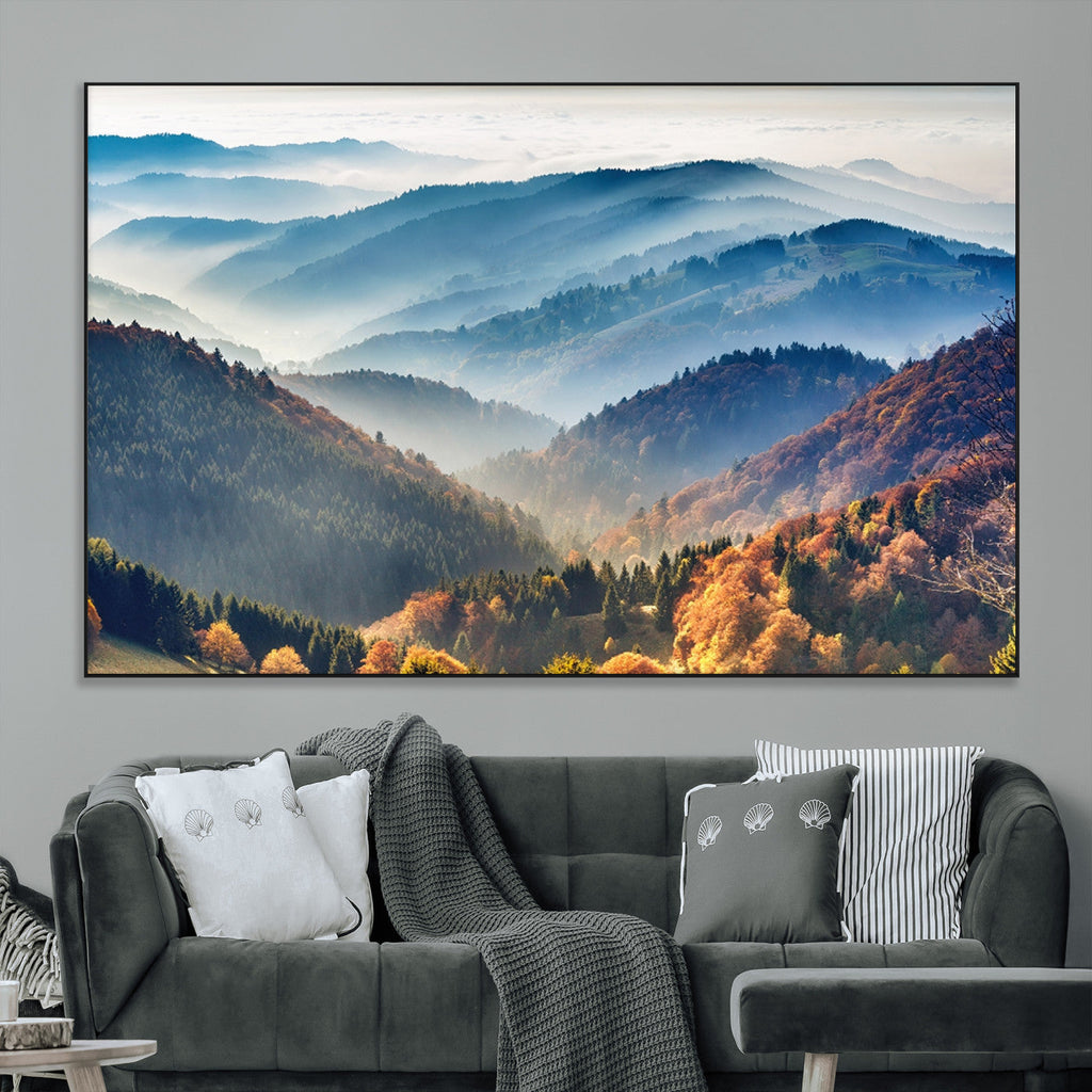 Misty Mountain Sunrise Triptych Canvas Print | Autumn Landscape Wall Art