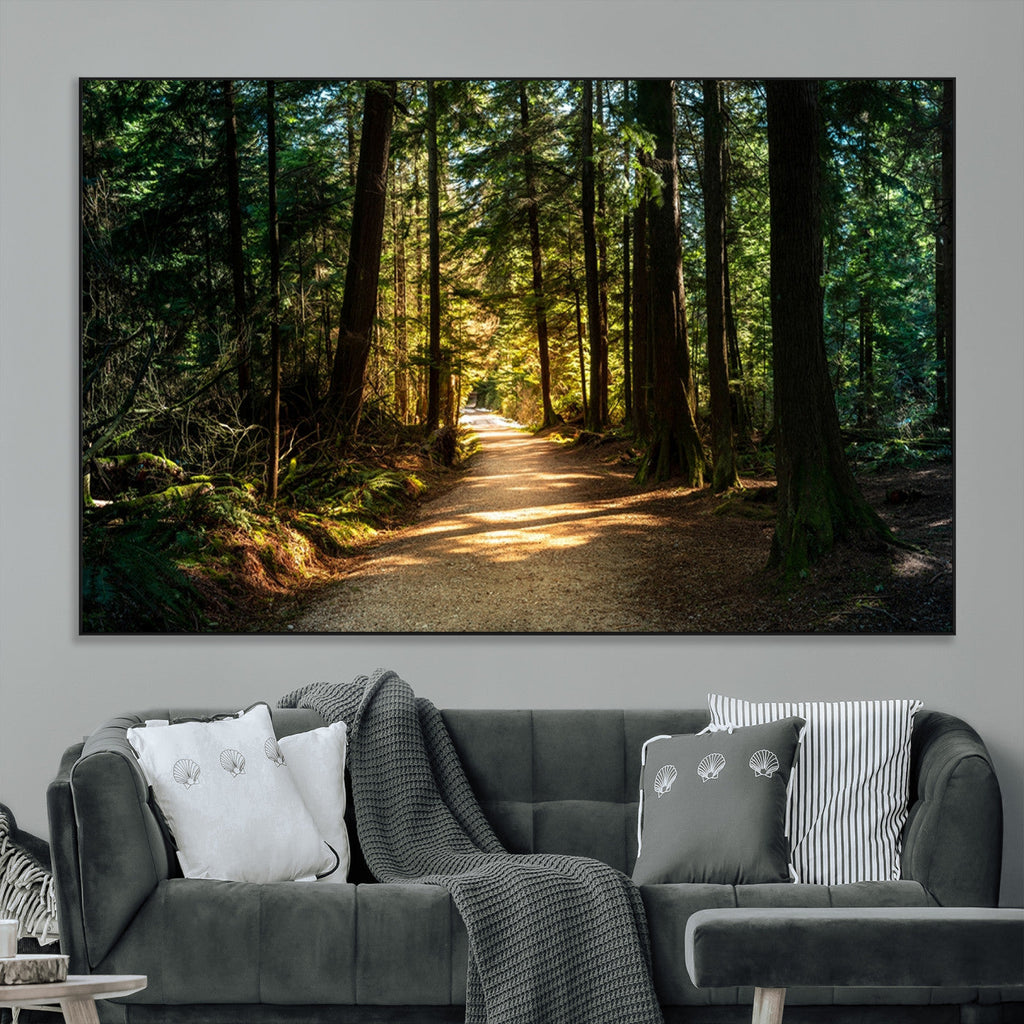 Sunlit Forest Pathway Canvas Print | 3 Panel Large Nature Wall Art