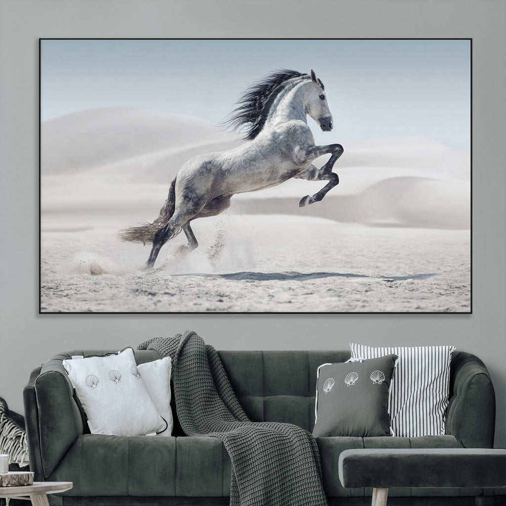 Prancing Horse Desert Large Wall Art Canvas Print, Majestic Horse Animal Artwork
