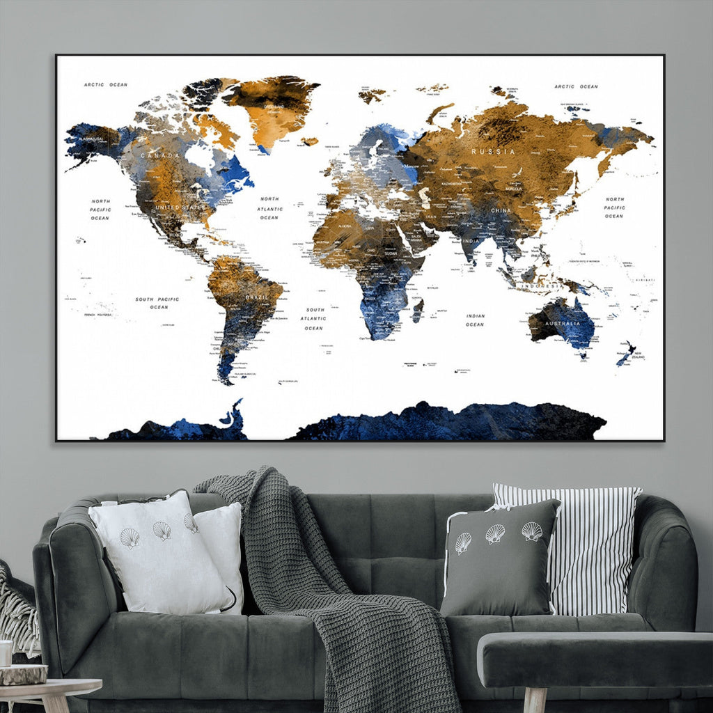 Modern Abstract World Map Canvas Wall Art | Framed Blue and Gold Map Print