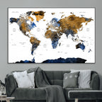 Modern Abstract World Map Canvas Wall Art | Framed Blue and Gold Map Print