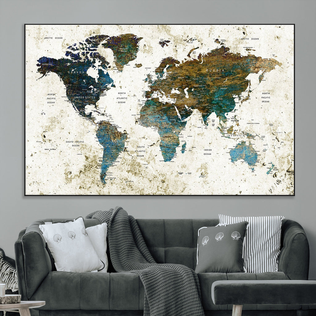 Vintage World Map Wall Art Canvas Print, Framed Rustic Earth Tone Map
