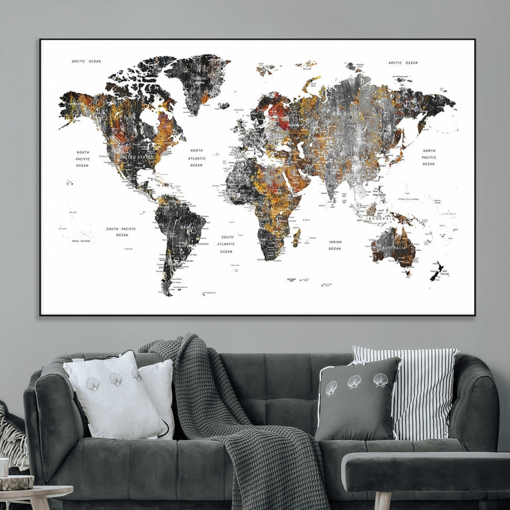 Modern Metallic World Map Canvas Wall Art | Framed Contemporary World Map Print