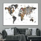 Modern Metallic World Map Canvas Wall Art | Framed Contemporary World Map Print